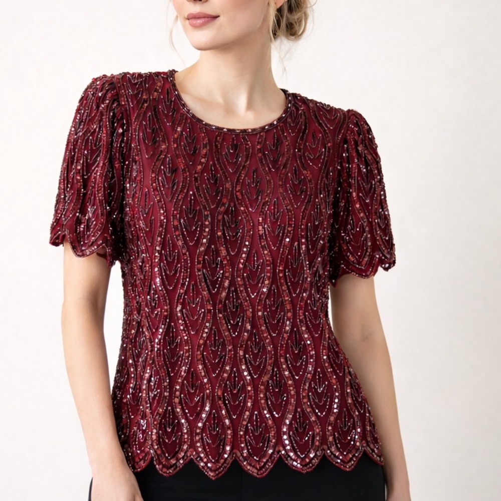 Cervelle Silk Beaded Blouse Top Burgundy Scalloped Size M Sequin Art Deco